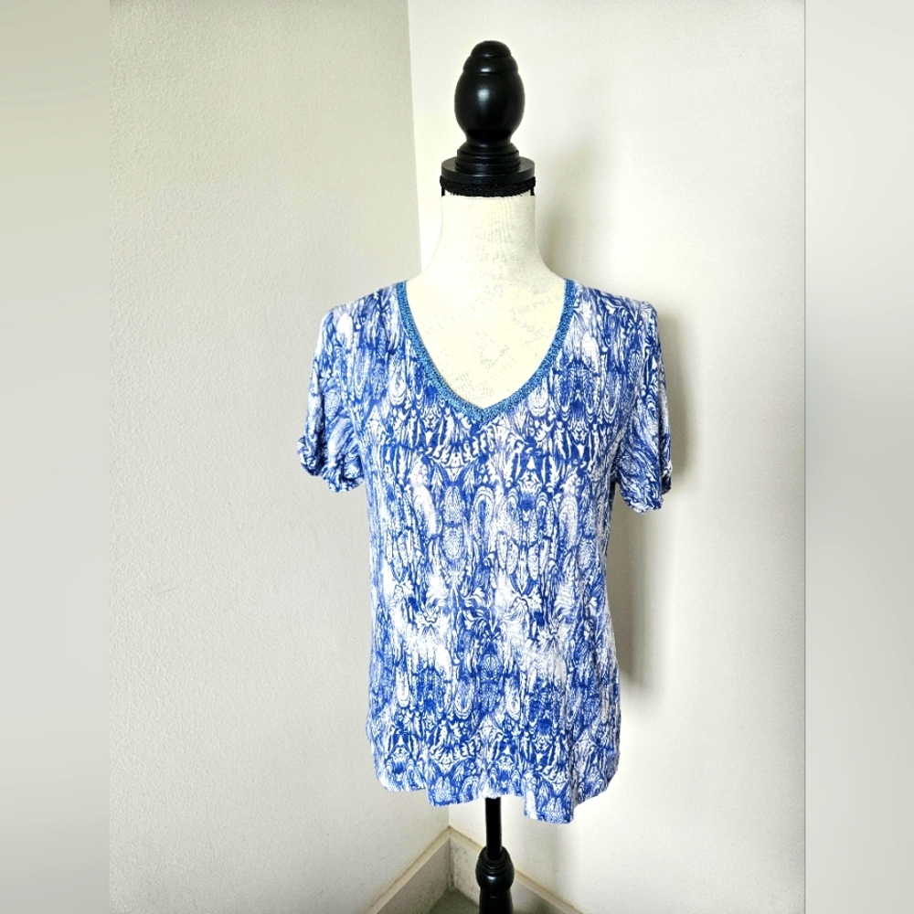 🇨🇵 MAJE Blue Patterned cotton Top  short sleeves size 2 (medium)🇨🇵
